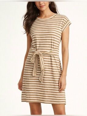 NWT J Crew Factory Striped Tie-Waist Short Sleeve Dress in Beige